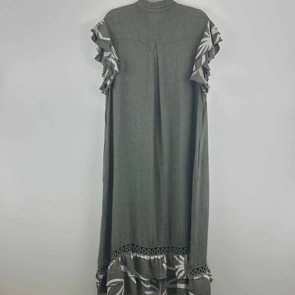 Little Corner Miami 100% Linen Made in Italy Olive Ruffle Button Midi Dress XL - Picture 8 of 11